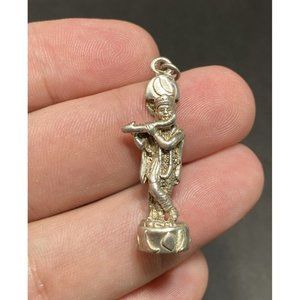 Vintage 925 Krishna Hindu God Pendant Charm With Moon & Flute Sterling Silver
